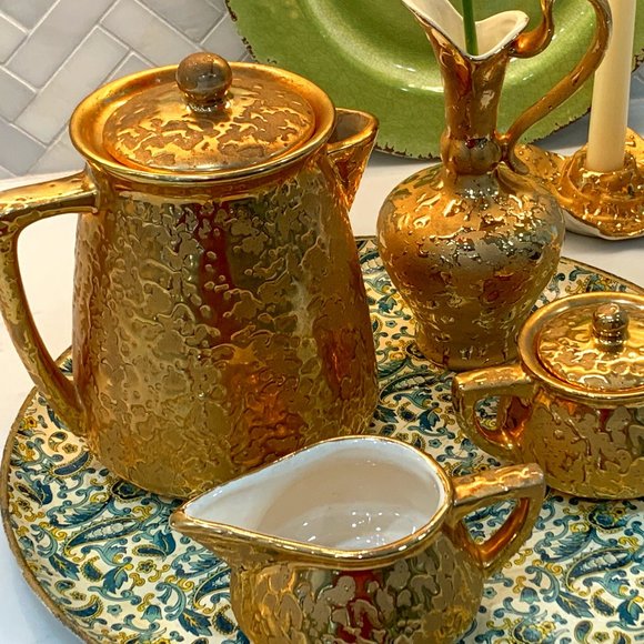 1950s 24k Sunburst Gold McCoy Teapot Set with Extras